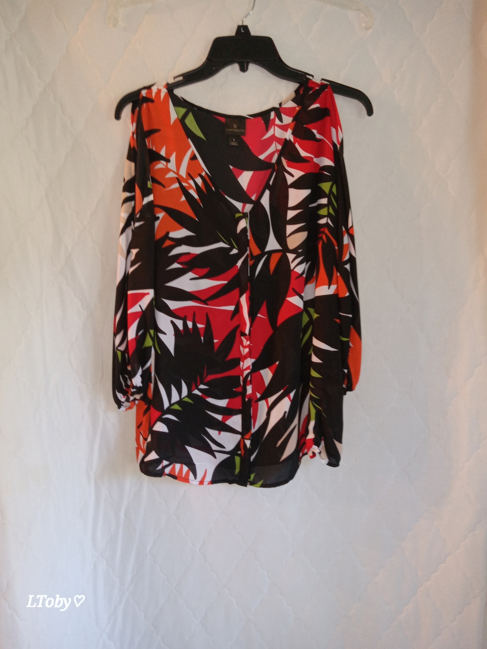 Worthington Tropical Cold-Shoulder Blouse in Black, Red, Orange, White & Green